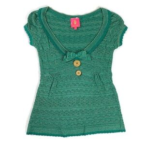MANOUSH Vert Paula Top Green Gold Sparkle Bow Metallic Sweater Top Short Sleeve